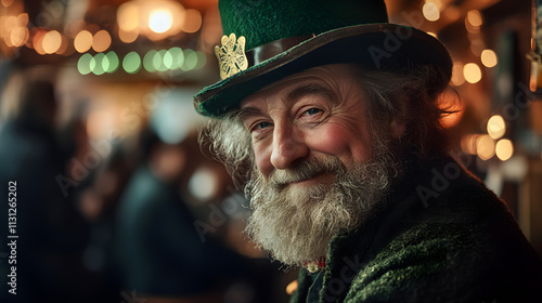 Smiling man in a green hat, festive pub setting photo