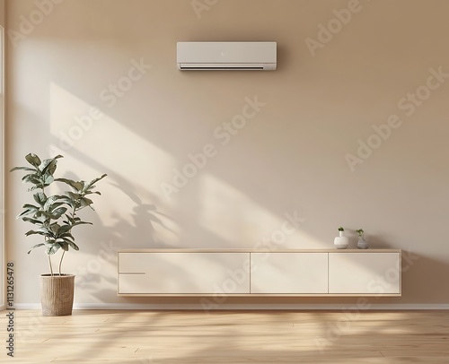 A 3D rendering of a minimalist living room with a pastel beige wall, a white sideboard, and an air conditioner placed on the wall