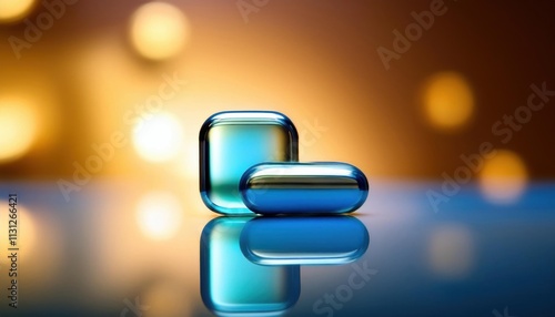 Two blue translucent capsules on a glossy surface with a glowing golden background photo