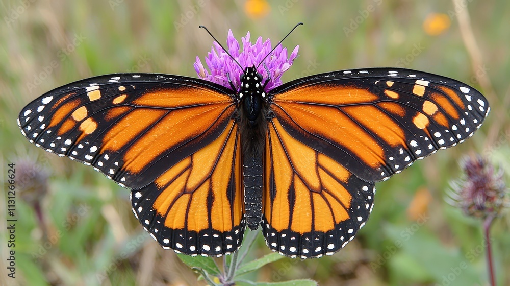 Obraz premium A large orange and black butterfly sitting on a purple flower