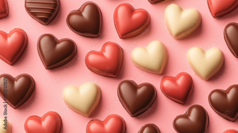 Obraz premium Delightful heart shaped chocolates in various colors and textures on pink background