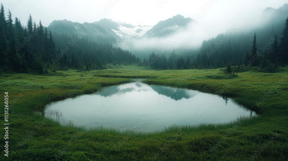 Obraz premium Mountain peaks reflected in a calm pond surrounded by green fields.