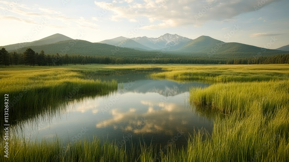 Fototapeta premium Mountain peaks reflected in a calm pond surrounded by green fields.