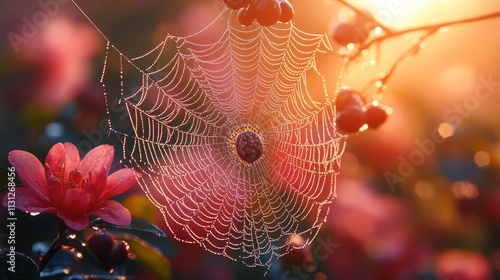 A close-up of a dew-covered spider web among vibrant flowers in a soft, warm light.