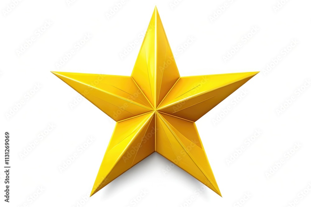 Obraz premium A vibrant yellow four-pointed star isolated on a white backdrop, presented as a 3D illustration perfect for graphic design, web applications, and creative projects.