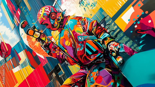 Urban Graffiti Art: A vibrant and dynamic digital artwork featuring a motorcycle rider in a colorful graffiti style. The bold strokes and geometric patterns evoke a sense of energy and movement.