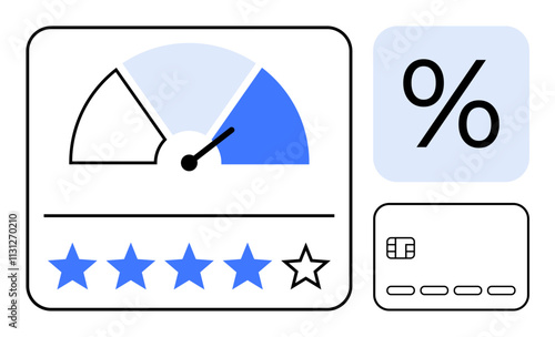 Credit score gauge with a needle pointing to blue section, percentage symbol, star rating with 4 out of 5 stars, and a chip card icon. Ideal for finance, credit, banking, loans, interest rates