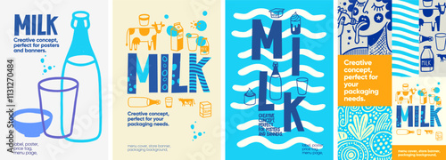 Milk Products. Minimalist and creative milk-themed designs with hand-drawn details, ideal for posters, labels, and packaging in retail or promotional use.