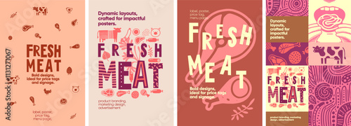 Fresh Meat. Dynamic and bold designs featuring hand-drawn meat illustrations, perfect for impactful posters, price tags, and store packaging.