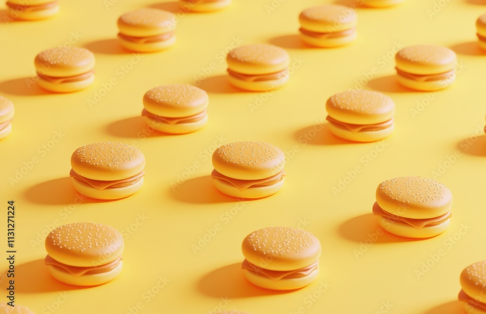 Obraz premium Vibrant Pattern of Miniature Yellow Burgers on a Bright Yellow Background for Playful and Fun Design Concepts and Food-related Themes