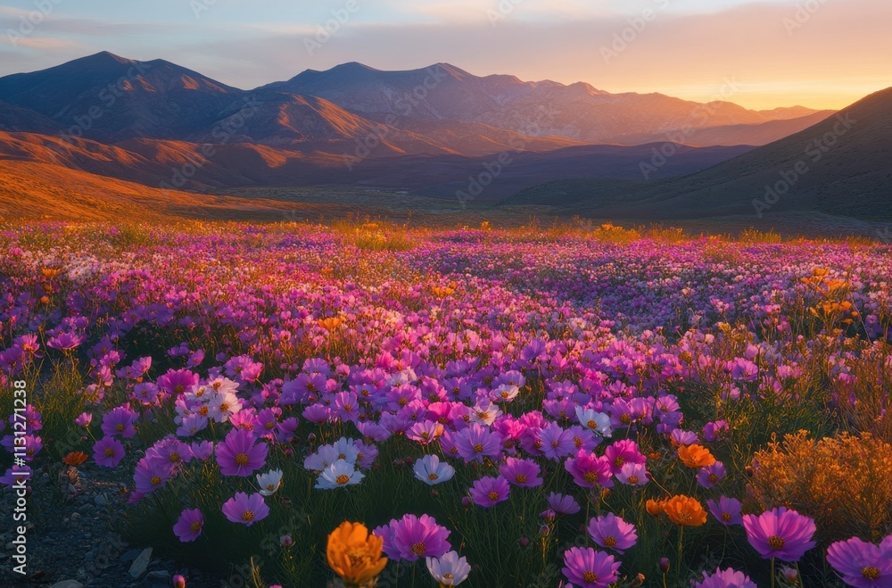 Fototapeta premium Vibrant Meadow of Wildflowers Blanketed in Colorful Blooms Against a Stunning Mountain Landscape During a Golden Sunset