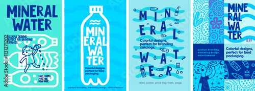 Mineral Water. Bright and clean designs for mineral water, featuring hand-drawn illustrations and modern layouts, ideal for packaging and promotional posters.