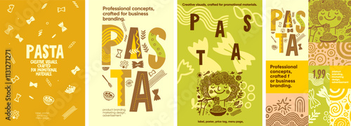 Pasta. Fun and playful pasta-themed designs with hand-drawn elements, ideal for food packaging, posters, and advertising in stores and markets.