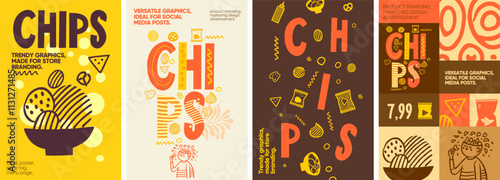 Chips. Eye-catching chip-themed layouts with bold hand-drawn illustrations and playful colors, perfect for product branding, posters, and social media ads.