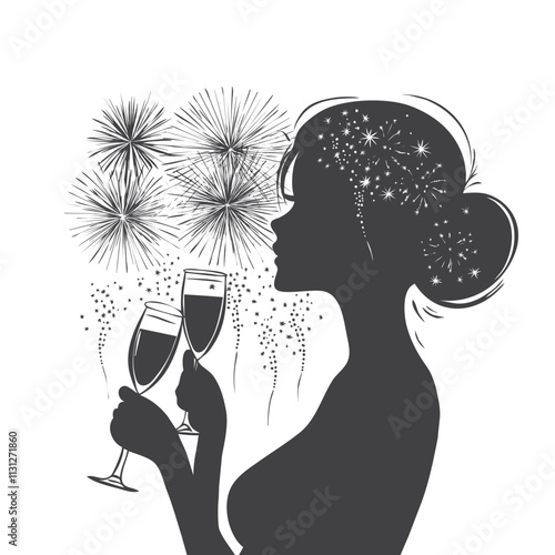 Silhouette of a person making a toast with two glass of champagne with fireworks on a white background
