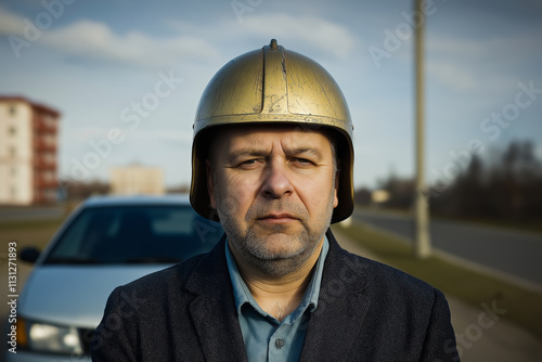 Middle-aged man wearing a distinctive gold helmet, standing confidently on an urban street