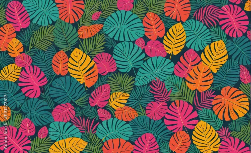 Fototapeta premium Tropical Foliage. Vibrant Exotic Leaf Pattern. Perfect for tropical themed designs, summer event branding, or vibrant textile patterns