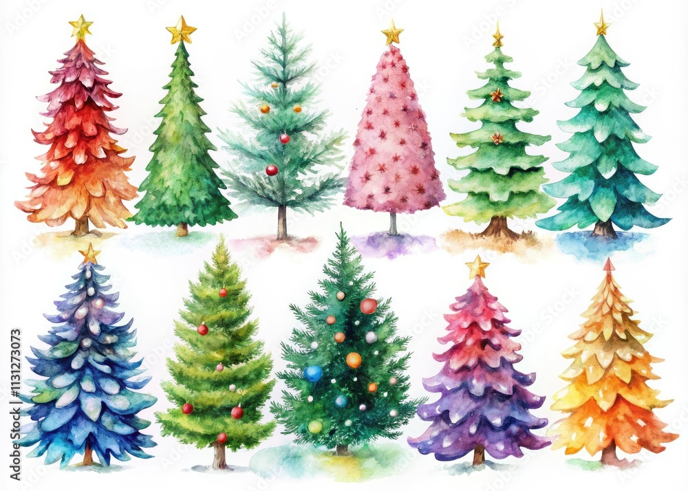 Obraz premium Artistic watercolor Christmas tree collection featuring vibrant seasonal art on a white background. Unique decor ideas to inspire holiday spirit and festive atmosphere in your home.