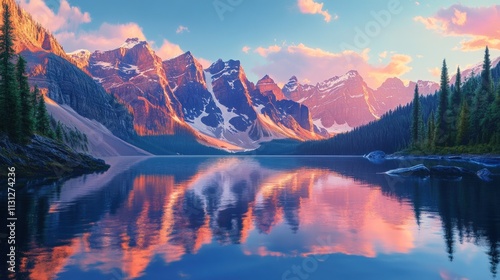 Sunset reflects on tranquil alpine lake, majestic mountains.