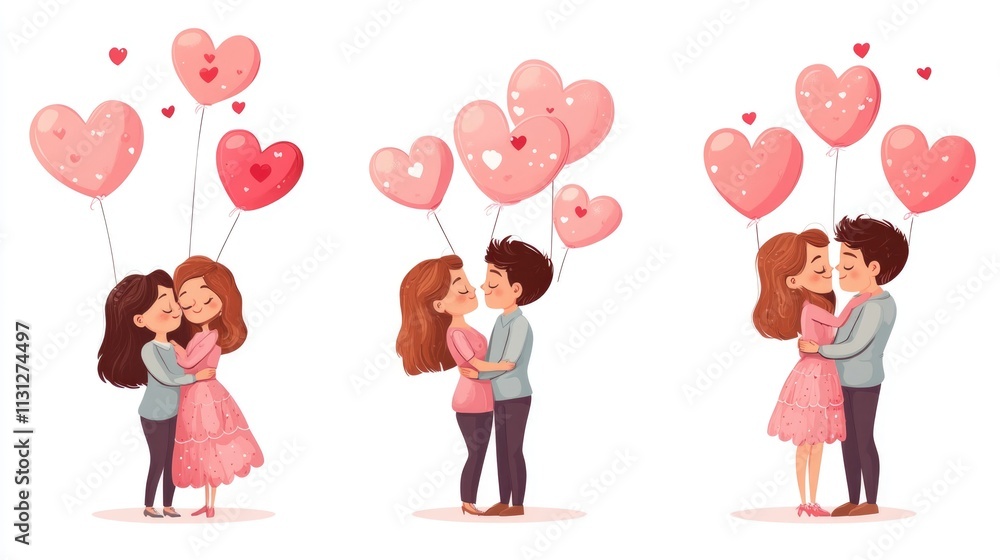 Fototapeta premium Young caucasian couple embracing with heart balloons in romantic illustration. The 14th of February. Happy Valentine's Day