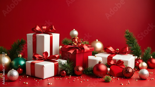 Christmas tree with gift boxes wrapped in red and white striped paper, tied with green satin ribbon, surrounded by colorful ornamental balls, creating a cozy and elegant holiday atmosphere.