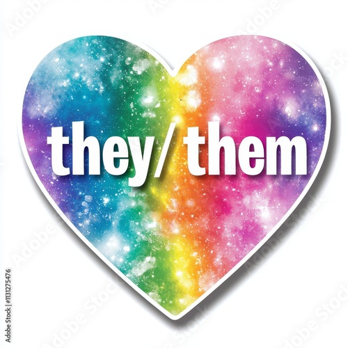 A colorful heart with the pronouns "they/them" isolated on a white background. 