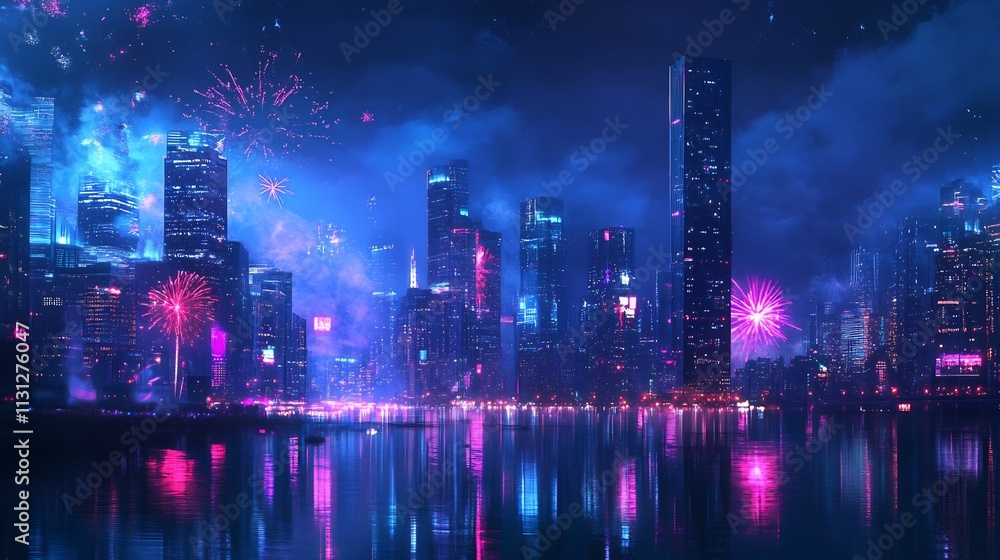Fototapeta premium Futuristic Cityscape with Fireworks at Night