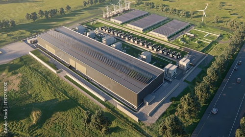 Large Scale Energy Storage Facility Connected to Wind Turbines and Solar Panels in a Natural Landscape photo