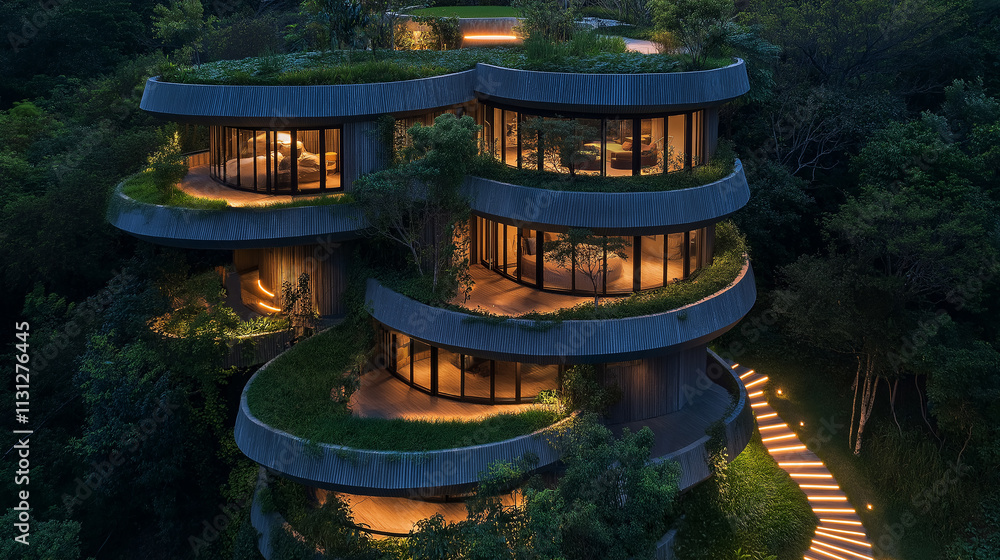 Spiral-shaped eco-home with green roofs on each level, surrounded by trees and glowing LED path lights, captured at dusk Spiral-shaped eco-home with green roofs on each level, surrounded by trees and glowing LED path lights, captured at dusk