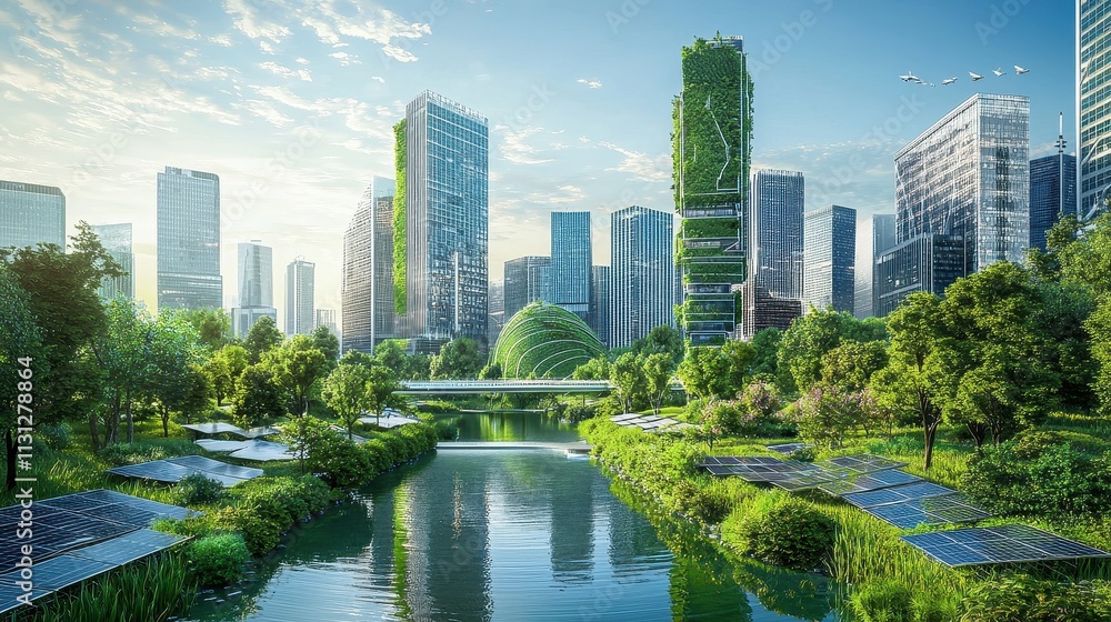 Fototapeta premium Modern Smart Cityscape Featuring Green Parks and Solar-Powered Structures in a Vibrant Environment