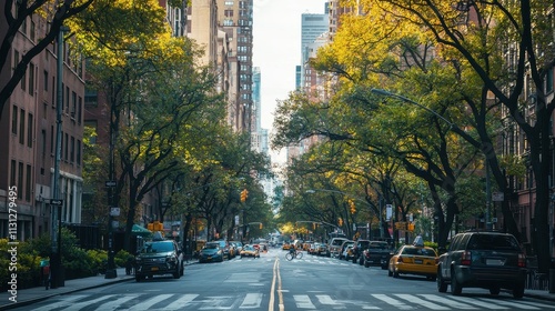 Inviting Urban Street Scene with Wide Sidewalks, Trees, and Clear Pedestrian Pathways photo