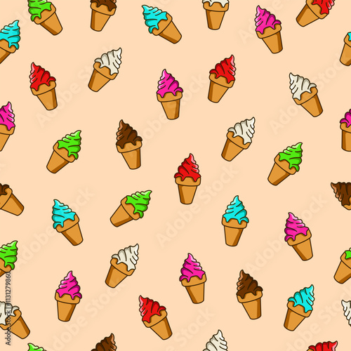 Ice cream seamless pattern background. Cute ice cream cone motif with different color and flavors. Vector illustration