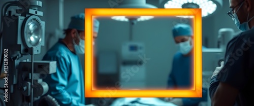Operating Room with Empty Frame, Blurred Surgeons in Background