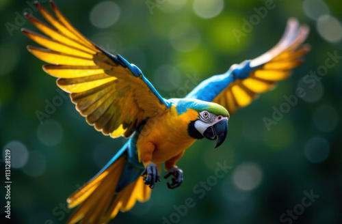 blue and yellow macaw parrot in nature spreads wings, flies, close-up