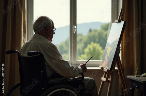 an older man in a wheelchair is painting a picture of landscape