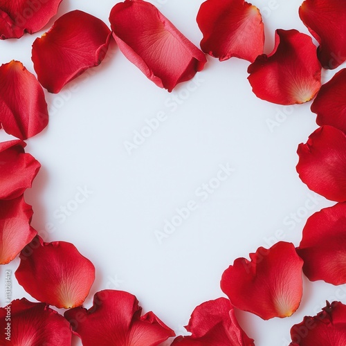 A heart shape formed by scattered red rose petals on a white background, symbolizing love and romance.