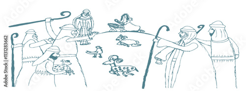 Vector drawing. Men greeting Mary in the barn