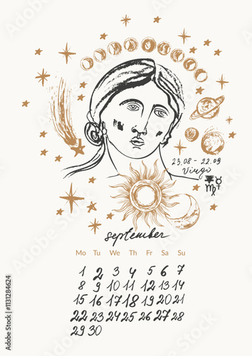 September month calendar with hand drawn virgo zodiac signs illustration, planets, sun, moon, stars.