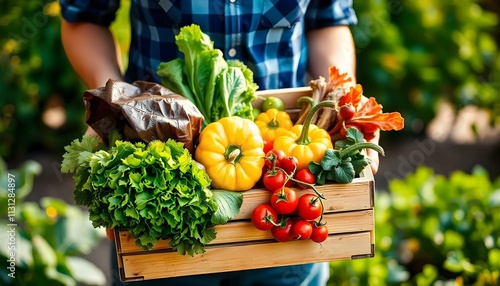 The image features a person holding a wooden crate filled with a vibrant array of fresh vegetables. The crate overflows with green lettuce, red tomatoes, a yellow bell pepper, radishes, and a small pu photo