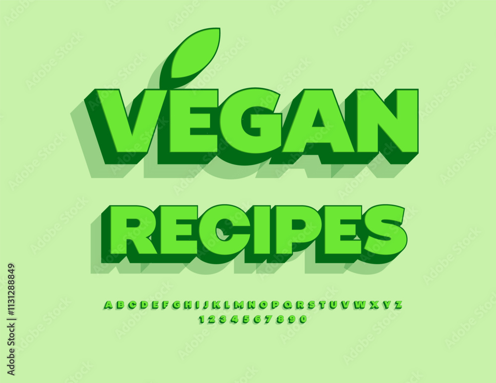Naklejka premium Vector eco concept Vegan Recipes. Bright Green 3D Font. Isometric Alphabet Letters and Numbers set.