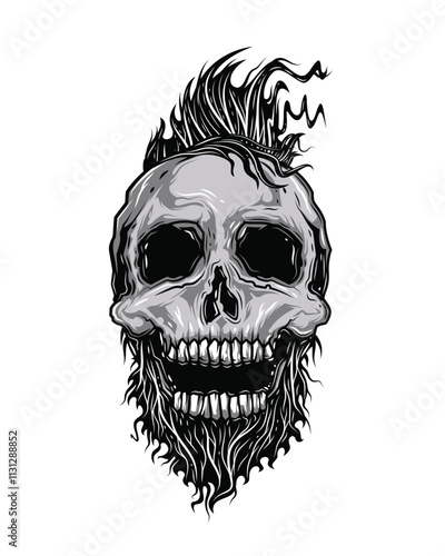 Hipster skull with beard and mohawk. Original vector illustration in vintage style. T-shirt design.