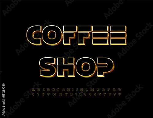 coffeVector elite sign Coffee Shop. Abstract Futuristic Alphabet Letters and Numbers set. Unique Black and Gold Font