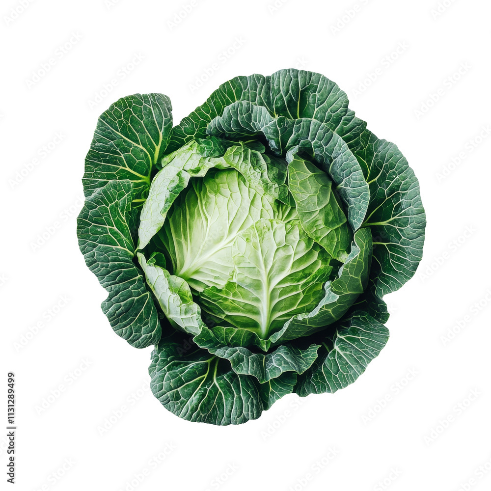 Fototapeta premium Fresh green cabbage displayed on a clean transparent background showcasing its vibrant leaves and natural texture, Fresh cabbage on transparent background