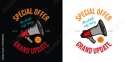 Emblem with the image of a megaphone. Original vector illustration in vintage style. T-shirt design.