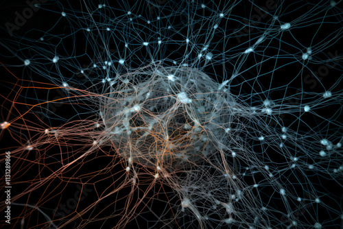 Complex neural network visualization in dynamic blue and orange hues photo
