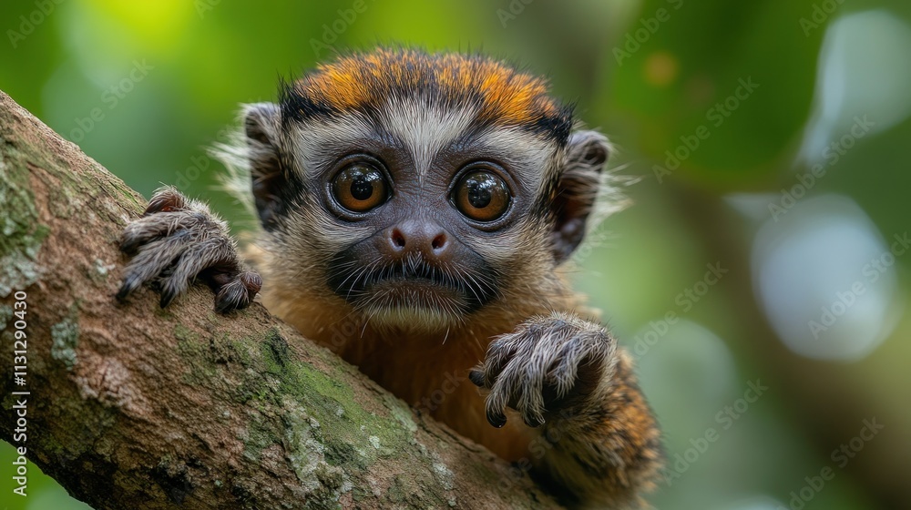 Obraz premium A close-up of a small monkey perched on a tree branch, showcasing its expressive eyes.