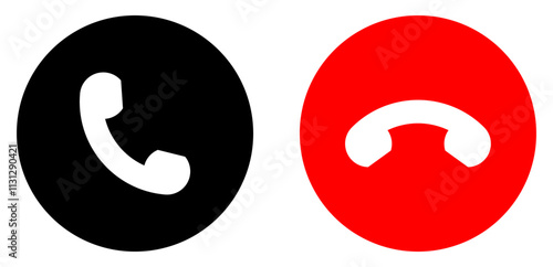 Accept and decline, answering and rejecting phone call icon button. Set of black and red phone call icon buttons Mobile phone incoming call icon sign symbol. Simple design. Vector illustration.
