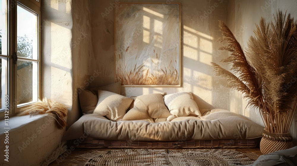 Fototapeta premium A rustic wicker daybed in the corner of the room