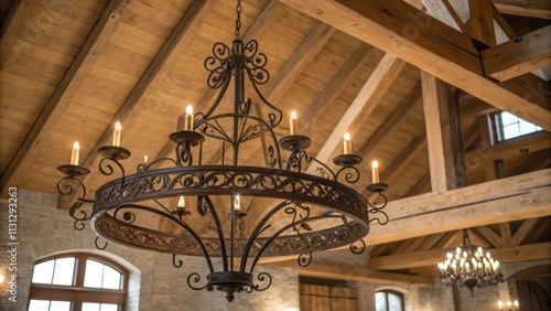 A stunning chandelier constructed of wrought iron hangs gracefully from the ceiling casting a warm glow and drawing attention to the high exposed beam structure above. photo