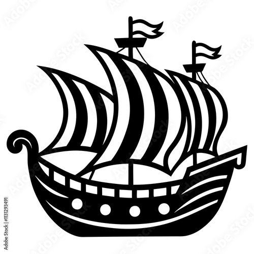 Galleon Stern Carvings  Elaborate wooden designs on high status ships silhouette,line art vector icon illustration,wooden ship on white background.